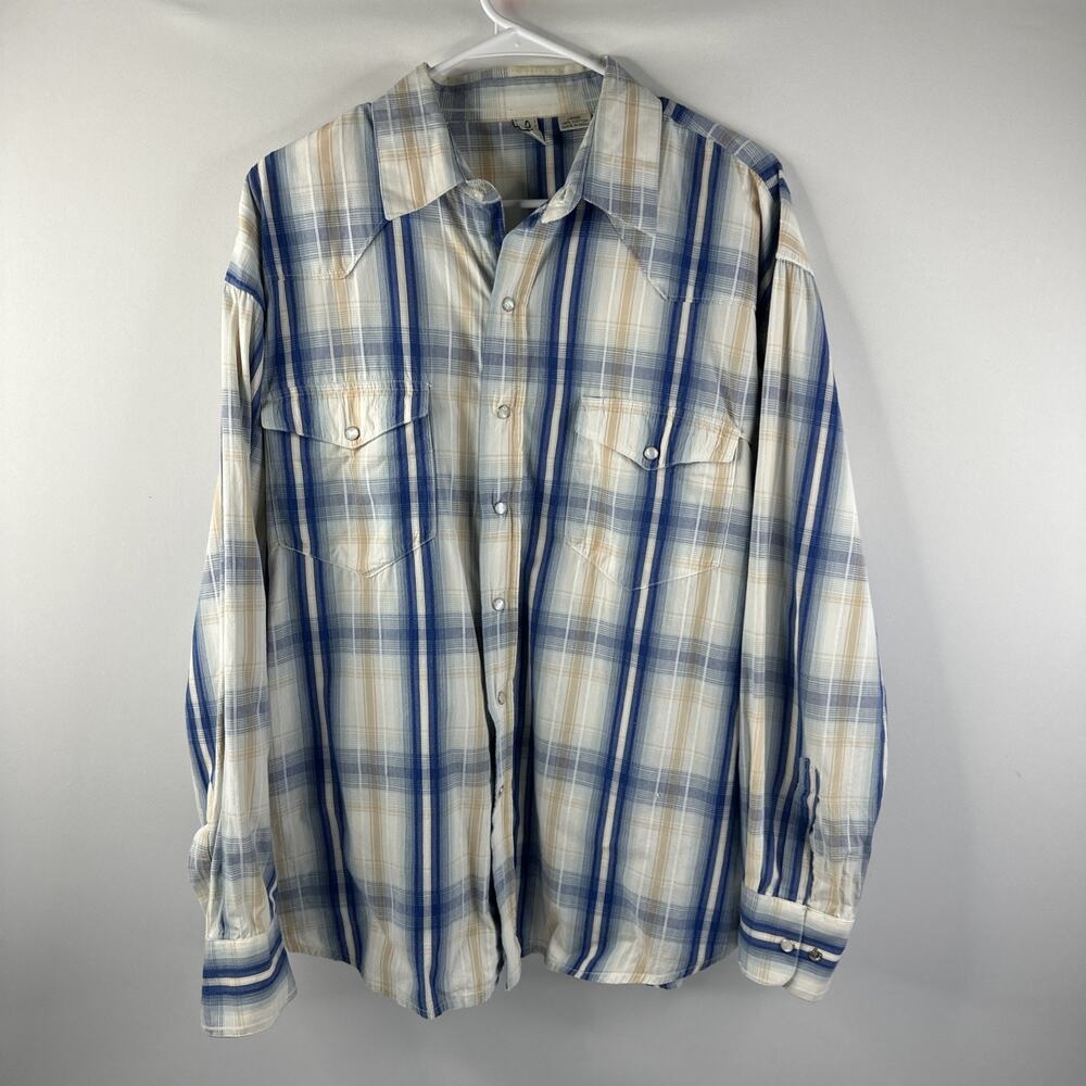 Walls Men’s Pearl Snap Western Shirt Blue Beige Plaid Long Sleeve Size Large